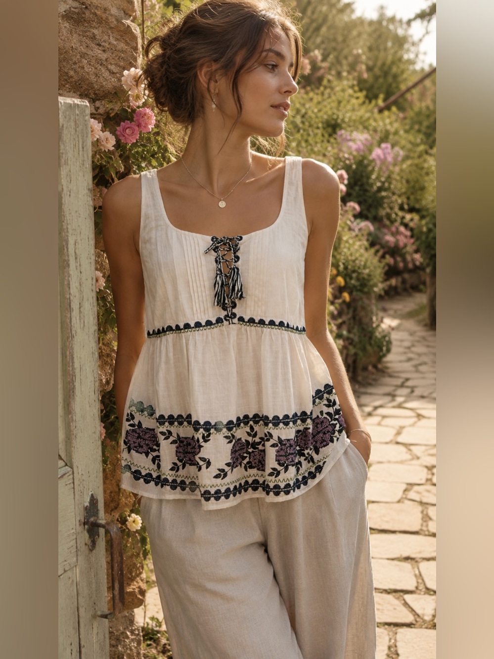 SUNO Boho Embroidered Tank Top Ivory Floral Peplum Blouse Size 10 Cottagecore
